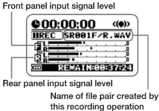 Front panel input signal level 00:00:00 (●) IIREC SR001F/R.WAV R R REMAIN:00:37:24 Rear panel input signal level Name of file pair created by this recording operation