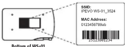 SSID: IPEVO WS-01_3524 MAC Address: 0123456789ab Bottom of WS-01