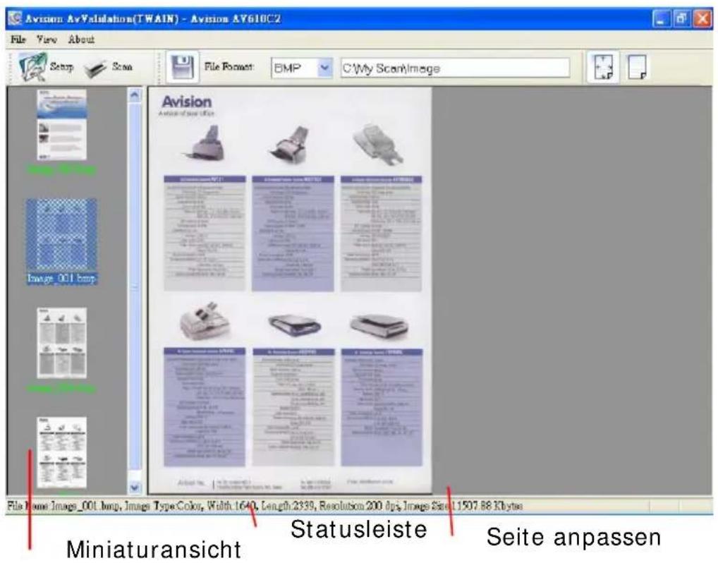 Avision AvValidation(TWAIN) - Avision AV610C2 File View About Setup Scan File Format BMP C:\My Scan\Image Avision Avision-VS-001 Image 001.bmp Miniaturansicht Statusleiste Seite anpassen
