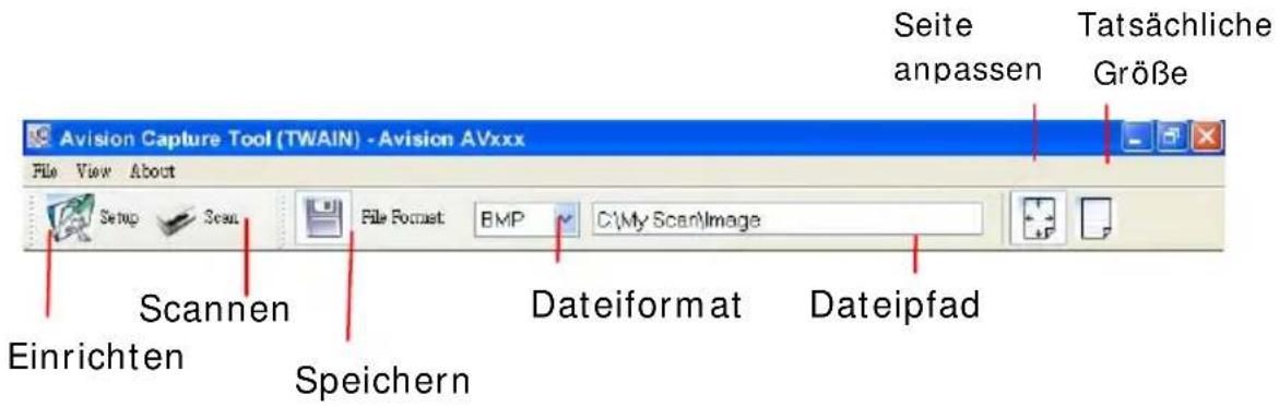 Seite anpassen Tatsächliche Größe Avision Capture Tool (TWAIN) - Avision AVxxx File View About Setup Scan File Format BMP C:\My Scan\Image Scannen Dateiformat Dateipfad Einrichten Speichern