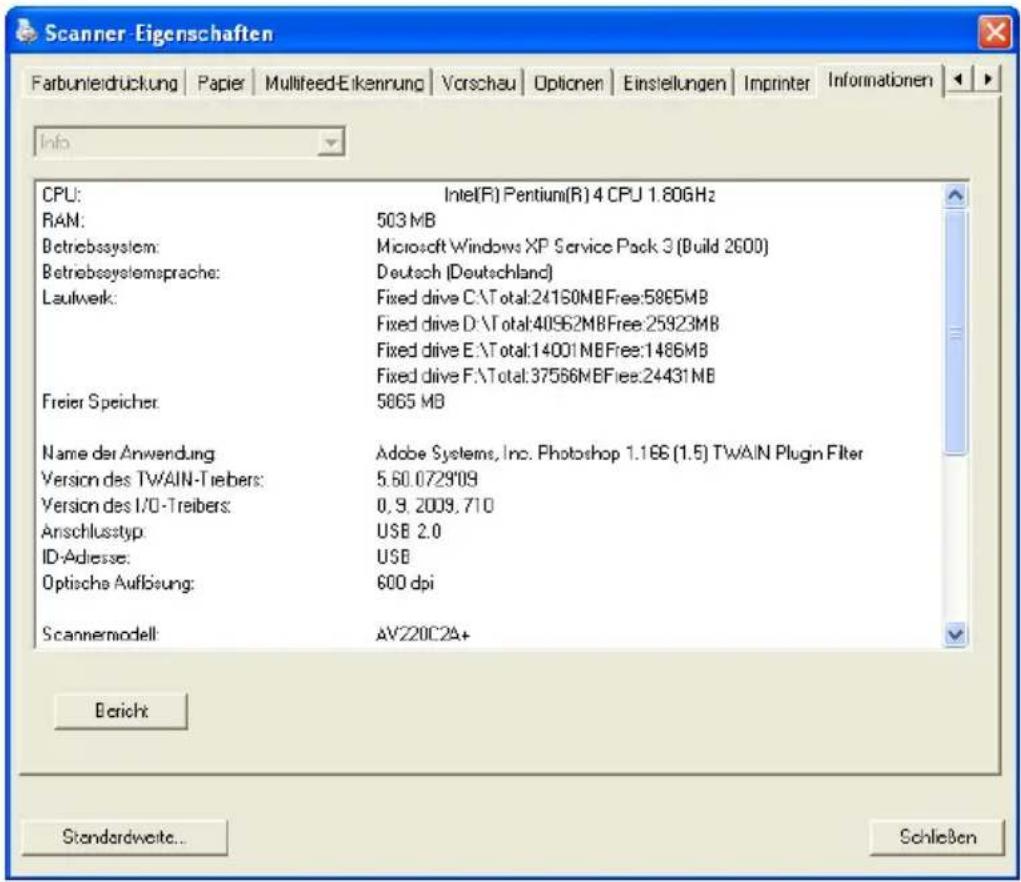 Scanner Eigenschaften Farbunleidrückung | Paper | Multifeed-Eikenrung | Vorschau | Optionen | Einstellungen | Imprinter | Informationen | Info CPU: Intel(R) Pentium(R) 4 CPU 1.80GHz RAM: 503 MB Betriebsystem: Microsoft Windows XP Service Pack 3 (Build 2600) Betriebsystemsprache: Deutsch (Deutschland) Laufwerk: Fixed drive C:\Total:24160MBFree:5865MB Fixed drive D:\Total:40962MBFree:25923MB Fixed drive E:\Total:14001MBFree:1486MB Fixed drive F:\Total:37566MBFree:24431MB Freier Speicher: 5865 MB Name der Anwendung Adobe Systems, Inc. Photoshop 1.166 (1.5) TWAIN Plugn Filter Version des TWAIN-Treibers: 5.60.0729'09 Version des I/O-Treibers: 0,9,2009,710 Anschlussyp: USB 2.0 ID-Adresse: USB Optische Aufbeung: 600 dpi Scannermodell: AV220C2A+ Bericht Standardweite... Schließen