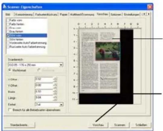 Scanner / Epischenheiten File Edit View Insertion Help和支持/Show Paper Multi-View Inspection Versicher Options CreateKings Falls from Falls hidden Grain from Grain hidden SVM from SVM hidden Vordeutsche Auto/Fabberkennung Vordeutsche Auto/Fabberkennung Scanbereich: 10.05 - 176 x 290 mm Nachlensal X: Other: 0.92 Y: Offset: 0.00 Base: 6.93 Lange: 9.84 End: 2nd Bench für als Betriebsdaten übernehmen Standardize... Verschau Scanes Sclellen