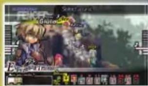 Game screenshot showing character interactions with visible text overlays and UI elements
