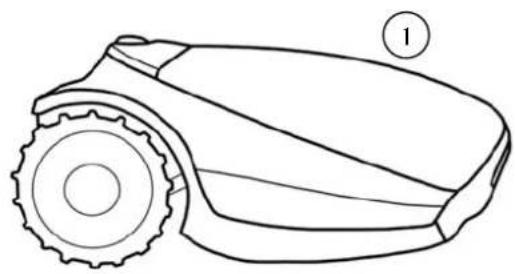 Line drawing of a robotic lawn mower with visible teeth and wheels (no text or symbols)