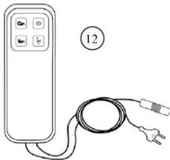 Line drawing of a remote control device connected to a cable with two plug-in connectors (no text or symbols)