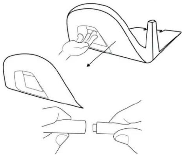 Line drawing showing three steps of a mechanical or architectural component being handled, with no visible text or symbols.