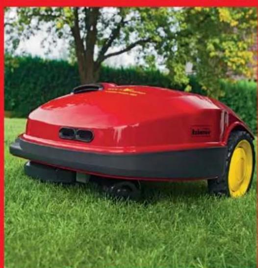 Red and black robotic lawn mower on grass, no visible text or symbols