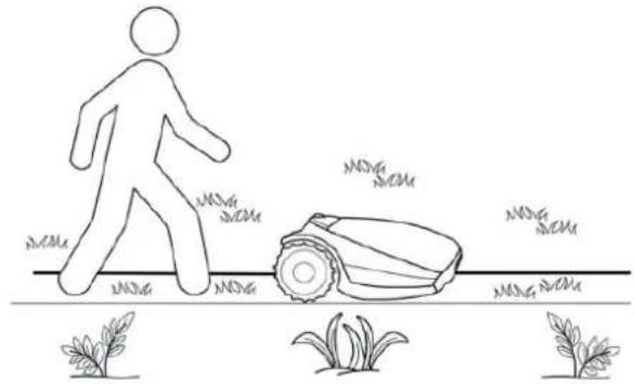 Simple line drawing of a person walking on a path next to a robotic arm, with plants and ground nearby (no text or symbols)
