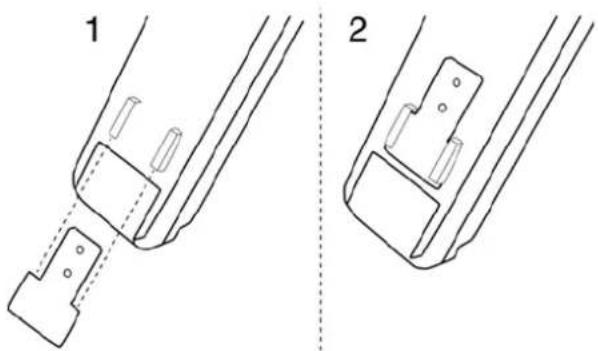 Technical line drawing showing two mechanical assembly steps (1 and 2), with no visible text or symbols.