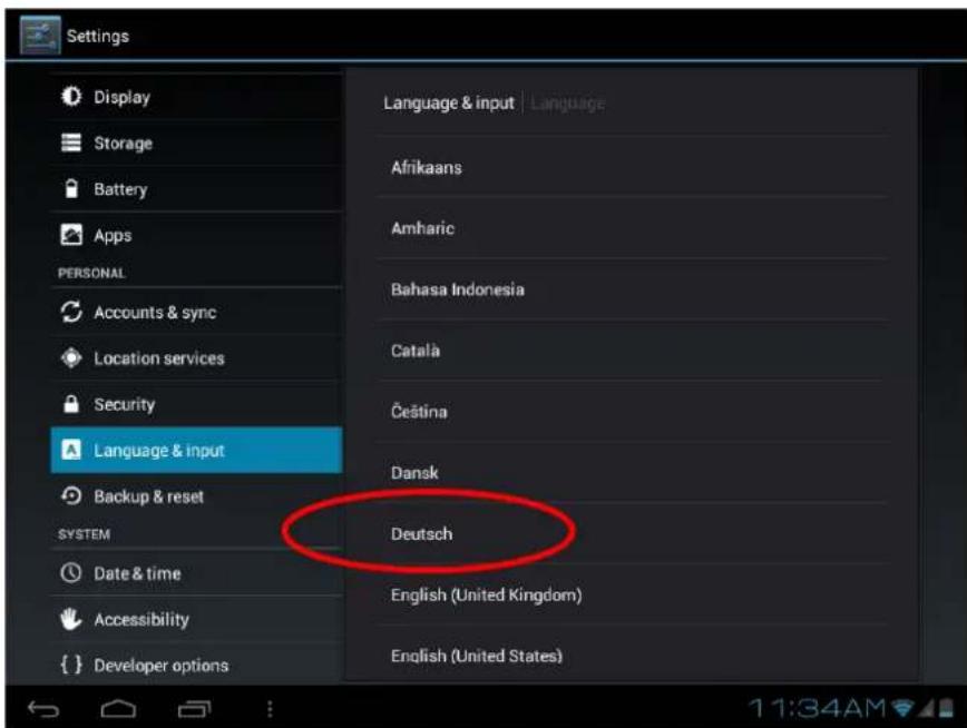 Settings Display Storage Battery Apps PERSONAL Accounts & sync Location services Security Language & input Backup & reset SYSTEM Date & time Accessibility Developer options Language & input | Language Afrikaans Amharic Bahasa Indonesia Catala Čeština Dansk Deutsch English (United Kingdom) English (United States)
