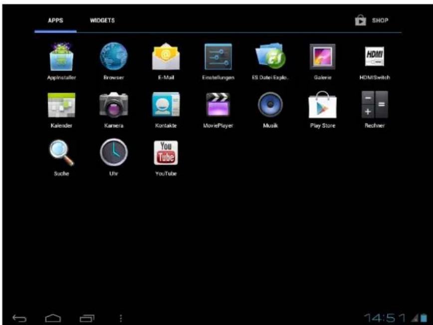 APPS WIDGETS SHOP AppInstaller Browser E-Mail Einstellungen ES Outei Explo. Galerie HDMISwitch Kalender Kamera Kontakte MoviePlayer Musik Play Store Rechner Suibe Utv YouTube
