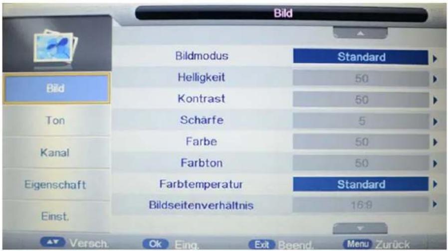 Bild Bildmodus Standard Helligkeit 50 Kontrast 50 Scharfe 5 Farbe 50 Farbton 50 Farbtemperatur Standard Einst. Bildseitenverhältnis 16:9