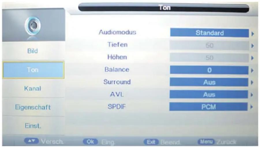 Ton Bild Ton Kanal Eigenschaft Einst. Audiomodus Standard Tiefen 50 Höhen 50 Balance 0 Surround Aus AVL Aus SPDIF PCM Versch. Ok Eing. Exit Beend. Menu Zurück