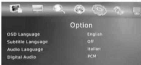 Option OSD Language English Subtitle Language Off Audio Language Italian Digital Audio PCM