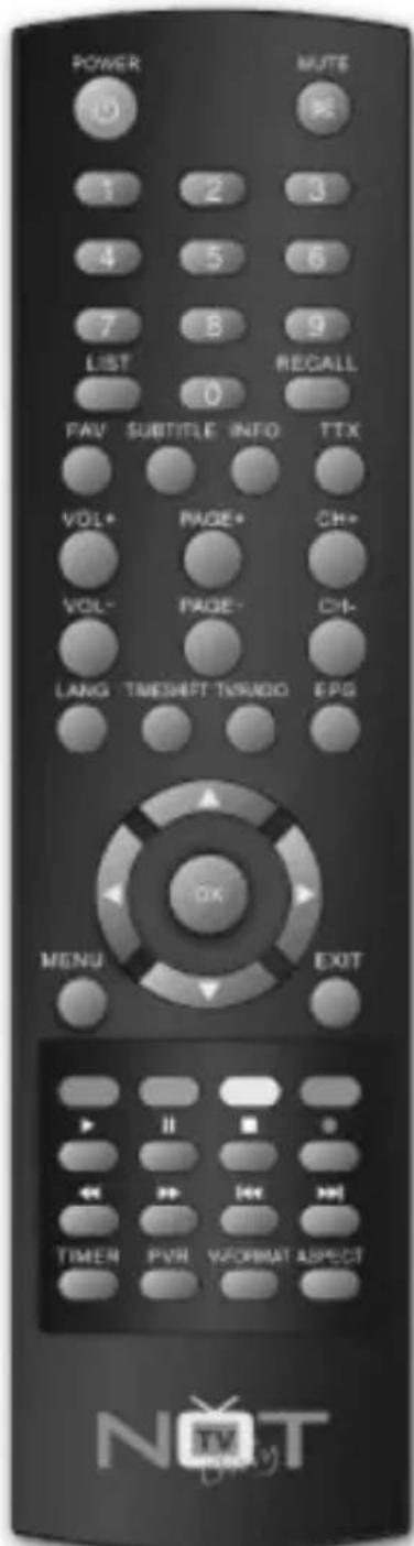 POWER MUTE 1 2 3 4 5 6 7 8 9 LIST REGALL 0 FAV SUBTITLE INFO TTX VDL+ PAGE+ CH+ VOL- PAGE- CH- LANG TIMESHFT TX/RDO EPS OK MENU EXIT ▶ II ▼ ← → ← → TIMER PVR VFORMAT ASPECT NOT