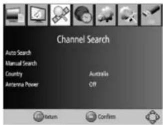 Channel Search Auto Search Manual Search Country Australia Antenna Power OFF Return Confirm