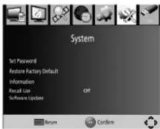 System Set Password Restore Factory Default Information Recall List Software Update OFF Return Send Confirm
