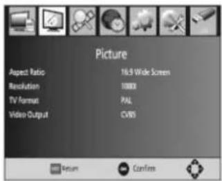 Picture Aspect Ratio 16.9 Wide Screen Resolution 10000 TV Format PAL Video Output CVBS Return Confins