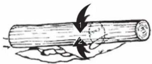Diagram showing a hand holding a cylindrical object with two labeled arrows indicating direction or force, marked 1 and 2.
