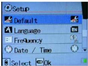 Setup Default Language Frequency Date / Time Select Ok