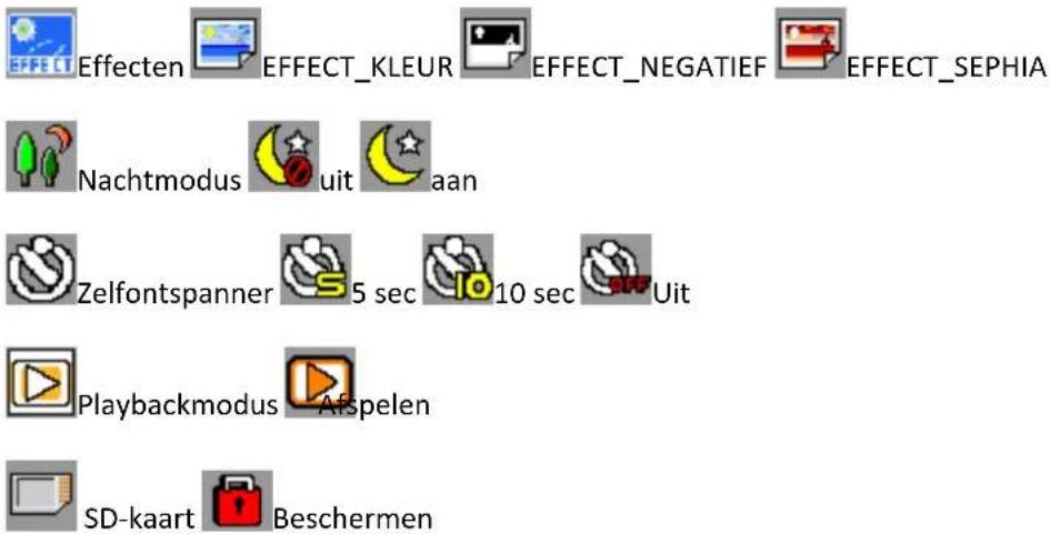 Effecten EFFECT_KLEUR EFFECT_NEGATIEF EFFECT_SEPHIA Nachtmodus uit aan Zelfontspanner 5 sec 10 sec Uit Playbackmodus Afspelen SD-kaart Beschermen