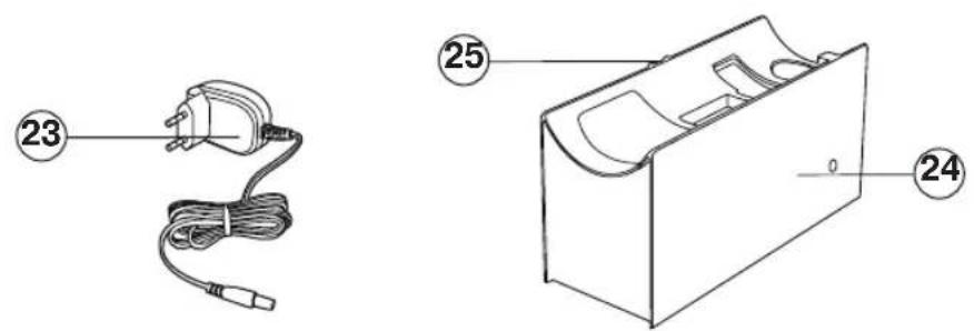 Technical diagram showing two components: a wire-wrapped electrical plug and a rectangular device with labeled parts 23, 24, and 25.