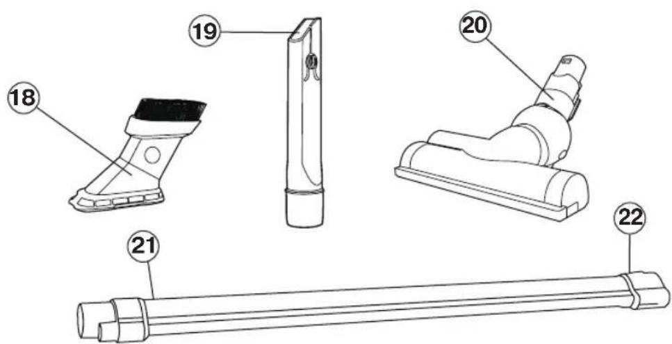 Technical diagram showing exploded view of a vacuum cleaner with labeled parts including foot, handle, and hose assembly.