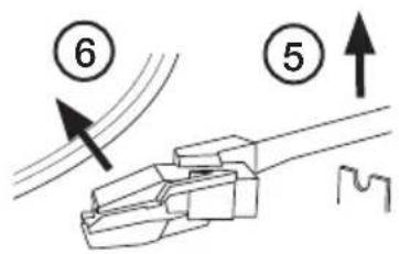 Diagram showing cable connection with numbered components and directional arrows, likely illustrating a mechanical or electrical assembly.