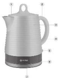 Labeled diagram of a white ceramic kettle with numbered parts for identification
