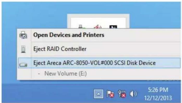 Open Devices and Printers Eject RAID Controller Eject Areca ARC-8050-VOL#000 SCSI Disk Device - New Volume (E:) 5:26 PM 12/12/2013