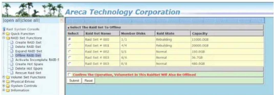 Areca Technology Corporation | open all|close all| Raid System Console Quick Function RAID Set Functions Create RAID Set Delete RAID Set Expand RAID Set Offline RAID Set Activate Incomplete RAID S Create Hot Spare Delete Hot Spare Rescue Raid Set Volume Set Functions Physical Drives System Controls…