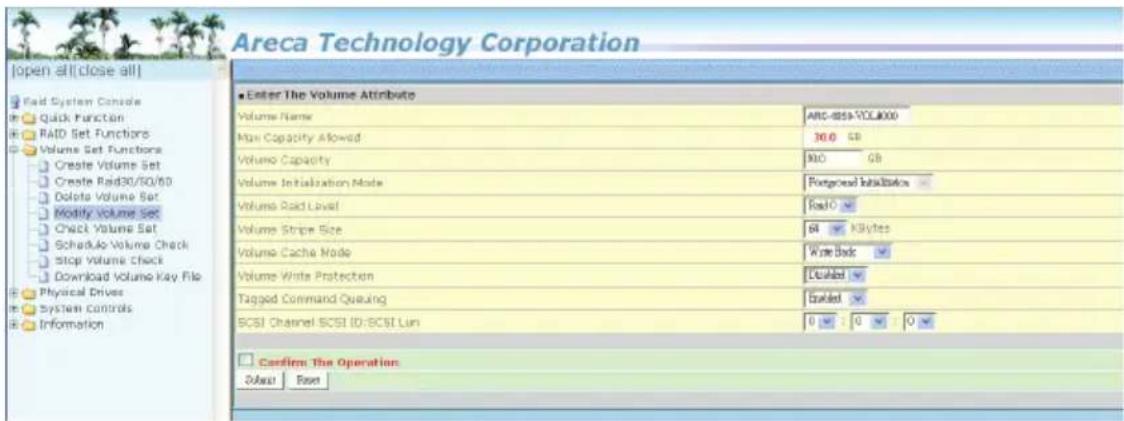 Areca Technology Corporation [open all|close all] Paid System Console Quick Function RAID Set Functions Volume Set Functions Create Volume Set Create Paid30/10/60 Delete Volume Set Modify Volume Set Check Volume Set Schedule Volume Check Stop Volume Check Download Volume Key File Physical Drives Sys…