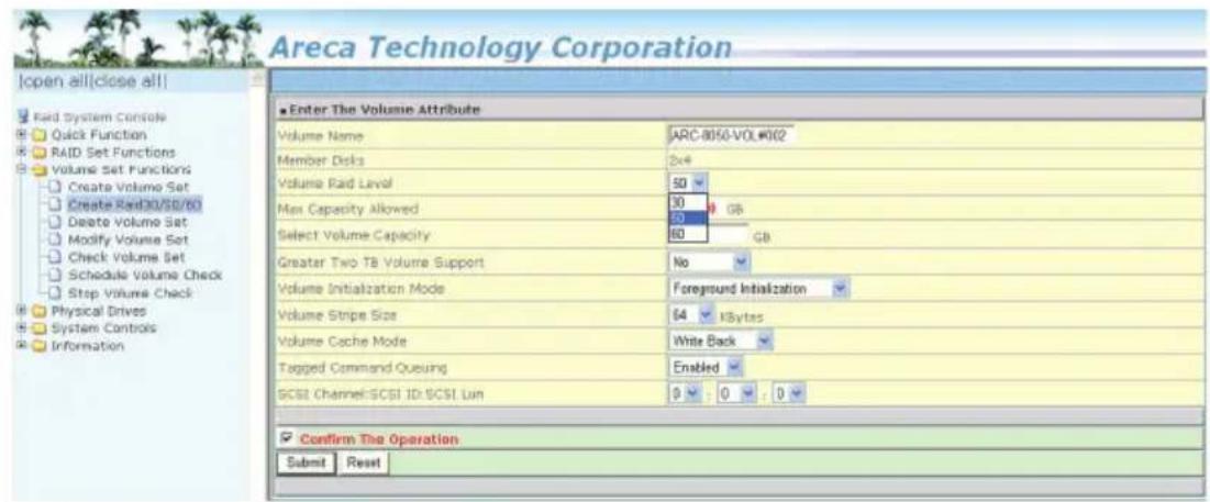 Areca Technology Corporation Open all(close all) Red System Console Quick Function RAID Set Functions Volume Set Functions Create Volume Set Create Red30/50/60 Delete Volume Set Modify Volume Set Check Volume Set Schedule Volume Check Stop Volume Check Physical Drives System Controls Information Ent…