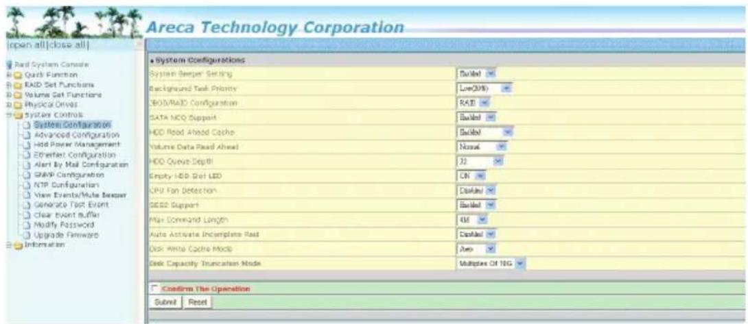 Areca Technology Corporation Open all|close all| Read System Console Quick Function RAID Set Functions Volume Set Functions Physical Drives System Controls System Configuration Advanced Configuration Hold Power Management Ethernet Configuration Alert By Mail Configuration SNMP Configuration NTP Conf…
