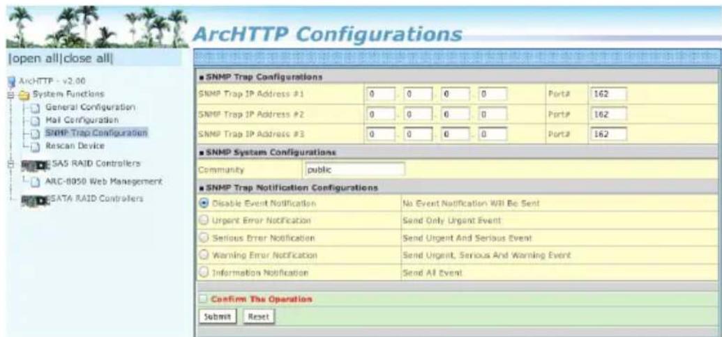 ArchHTTP Configurations Open all|close all| ArchHTTP - v2.00 System Functions General Configuration Mail Configuration SNMP Trap Configuration Rescan Device SAS RAID Controllers AILC-8050 Web Management SATA RAID Controllers SNMP Trap Configurations SNMP Trap IP Address #1 0 0 0 0 Port# 162 SNMP Tra…