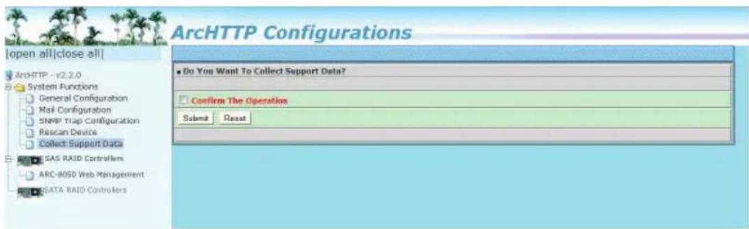 ArcHTTP Configurations [open all|close all] ArchHTTP - v2.2.0 System Functions General Configuration Mail Configuration SNMP Trap Configuration Rescan Device Collect Support Data SAS RAID Controllers ARC-9050 Web Management SATA RAID Controllers Do You Want To Collect Support Data? Confirm The Opera…