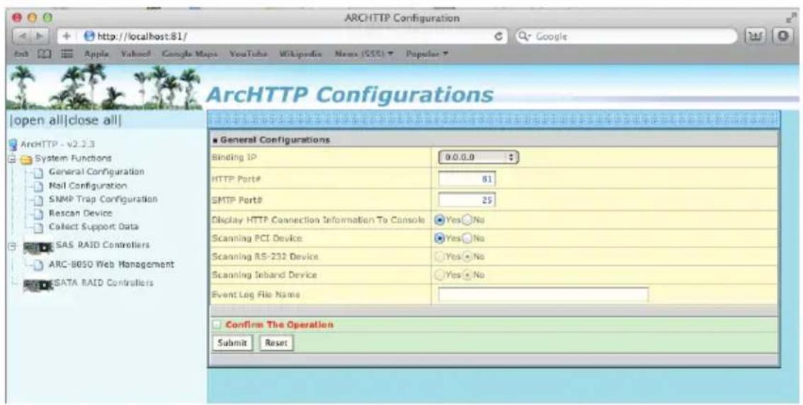 ARCHHTTP Configuration http://localhost:81/ Google Open All Close All ArchHTTP - v2.3.3 System Functions General Configuration Mail Configuration SNMP Trap Configuration Rescan Device Collect Support Data SAS RAID Controllers ARC-8050 Web Management SATA RAID Controllers ArchHTTP Configurations ■ Ge…