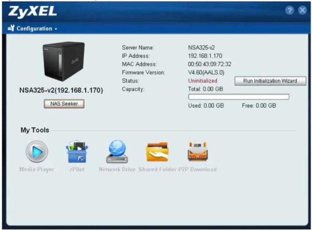 ZyXEL Configuration NSA325-v2(192.168.1.170) Server Name: NSA325-v2 IP Address: 192.168.1.170 MAC Address: 00:50:43:09:72:32 Firmware Version: V4.60(AALS.0) Status: Uninitialized Capacity: Total: 0.00 GB NAS Seeker Used: 0.00 GB Free: 0.00 GB My Tools Media Player zPilot Network Drive Shared Folder P2P Download