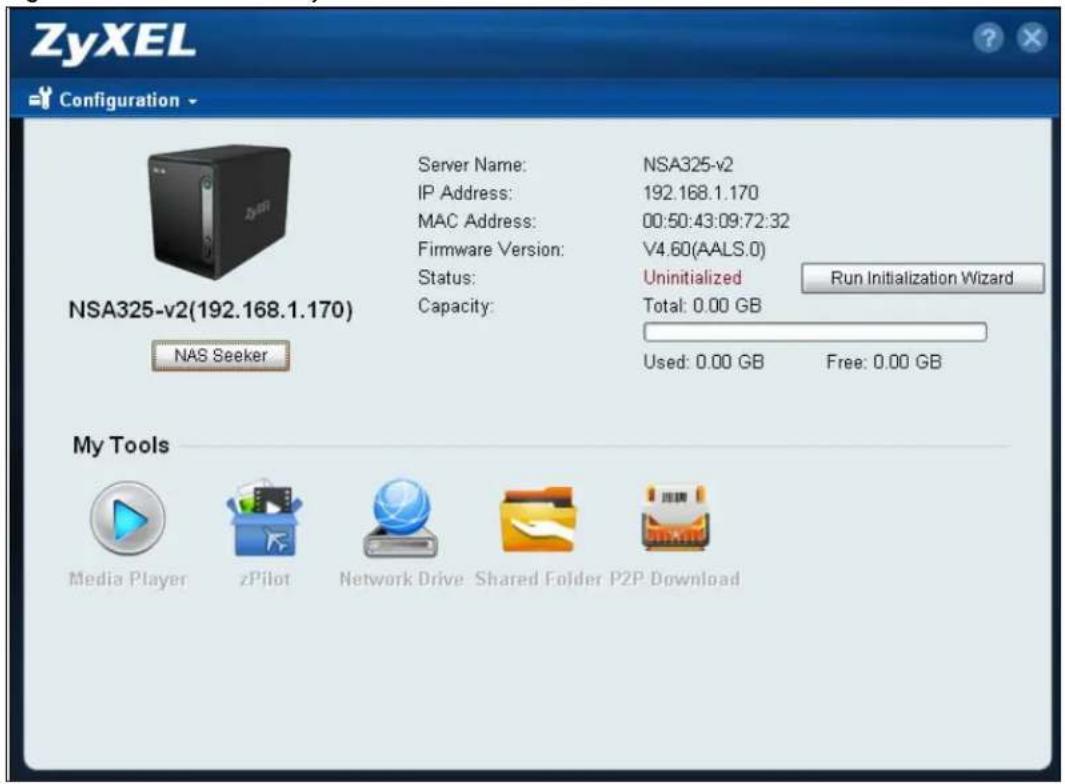 ZyXEL Configuration NSA325-v2(192.168.1.170) NAS Seeker Server Name: NSA325-v2 IP Address: 192.168.1.170 MAC Address: 00:50:43:09:72:32 Firmware Version: V4.60(AALS.0) Status: Uninitialized Run Initialization Wizard Capacity: Total: 0.00 GB Used: 0.00 GB Free: 0.00 GB My Tools Media Player zPilot Network Drive Shared Folder P2P Download