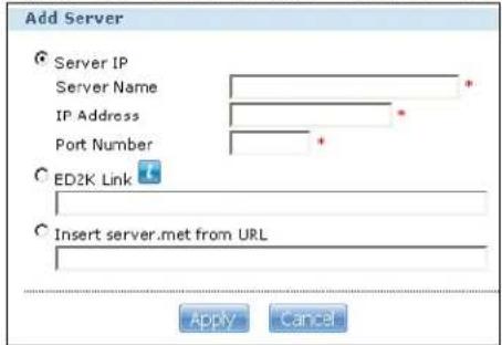 Add Server Server IP Server Name IP Address Port Number ED2K Link Insert server.met from URL Apply Cancel
