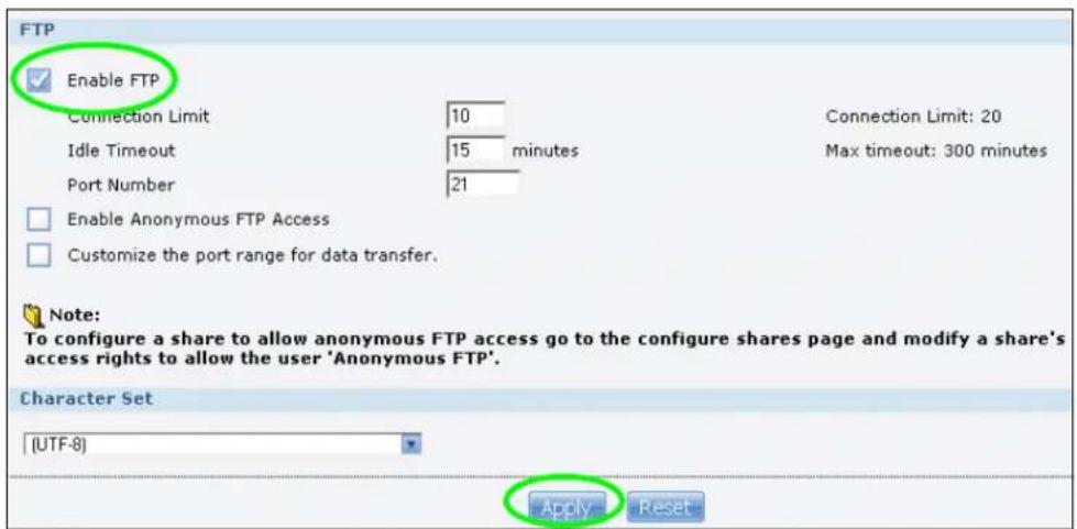 FTP Enable FTP Connection Limit 10 Idle Timeout 15 minutes Port Number 21 Enable Anonymous FTP Access Customize the port range for data transfer. Note: To configure a share to allow anonymous FTP access go to the configure shares page and modify a share's access rights to allow the user 'Anonymous FTP'. Character Set [UTF-8] Apply Reset