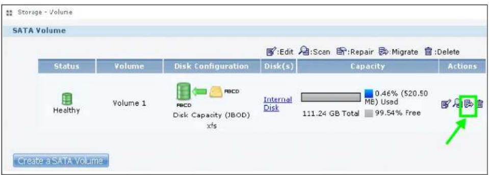 Storage - Volume SATA Volume Status Volume Disk Configuration Disk(s) Capacity Actions Healthy Volume 1 PBCD PBCD Disk Capacity (JBOD) xfs Internal Disk 0.46% (520.50 MB) Used 111.24 GB Total 99.54% Free Create a SATA Volume