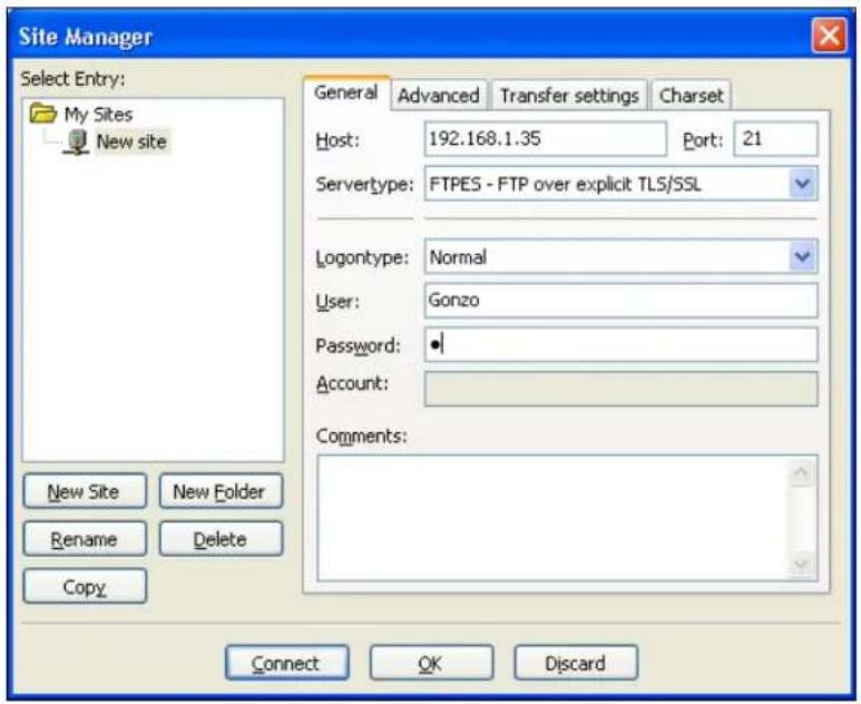 Site Manager Select Entry: My Sites New site New Site New Folder Rename Delete Copy General Advanced Transfer settings Charset Host: 192.168.1.35 Port: 21 Servertype: FTPES - FTP over explicit TLS/SSL Logontype: Normal User: Gonzo Password: Account: Comments: Connect OK Discard