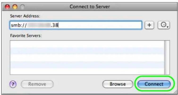 Connect to Server Server Address: smb:// .38 Favorite Servers: ? Remove Browse Connect
