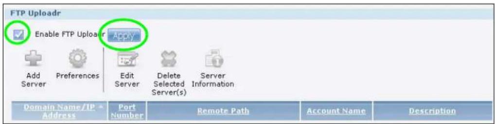 FTP Uploadr Enable FTP Uploadr Apply Add Server Preferences Edit Server Delete Selected Server(s) Server Information Domain Name/IP Address Port Number Remote Path Account Name Description