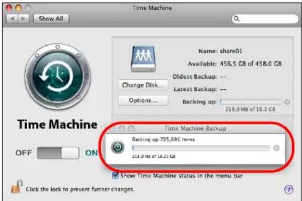 Time Machine Show All Name: share01 Available: 456.5 GB of 458.0 GB Oldest Backup: -- Latest Backup: -- Options... Change Disk... Backing up: 218.9 MB of 18.2 GB Time Machine Backup Backing up 725,691 items 218.9 MB of 18.21 GB Show Time Machine status in the menu bar Click the lock to prevent further changes.