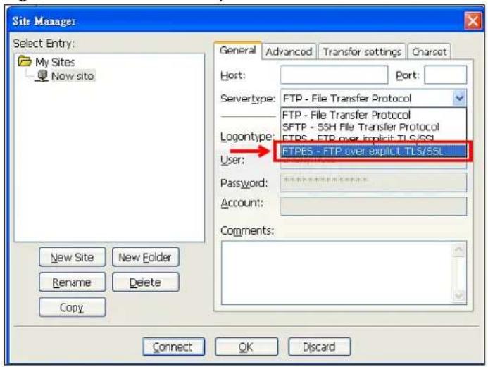 Site Manager Select Entry: My Sites New site General Advanced Transfer settings Charset Host: Port: Servertype: FTP - File Transfer Protocol FTP - File Transfer Protocol SFTP - SSH File Transfer Protocol Logontype: FTPS - FTP over explicit TLS/SSL FTPES - FTP over explicit TLS/SSL User: Password: Account: Comments: New Site New Folder Rename Delete Copy Connect OK Discard