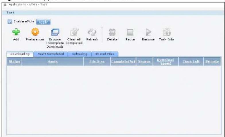 Applications - drive - Task Task Enable e pulsar Add Preferences Browse Clear All Refresh Delete Pause Resume Task Info Incomplete Completed Downloads Downloading Newly Completed Uploading Shared Files Status Name File Size Complete(%) Source Download Speed Time Left Priority