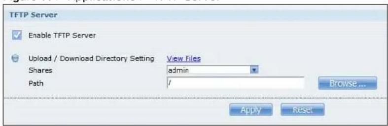 TFTP Server Enable TFTP Server Upload / Download Directory Setting View Files Shares admin Path / Browse... Apply Reset