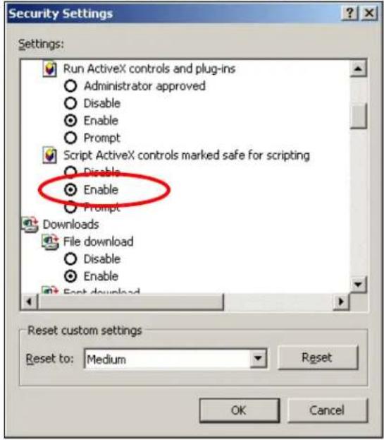 Security Settings Settings: Run ActiveX controls and plug-ins Administrator approved Disable Enable Prompt Script ActiveX controls marked safe for scripting Disable Enable Prompt Downloads File download Disable Enable Font download Reset custom settings Reset to: Medium Reset OK Cancel